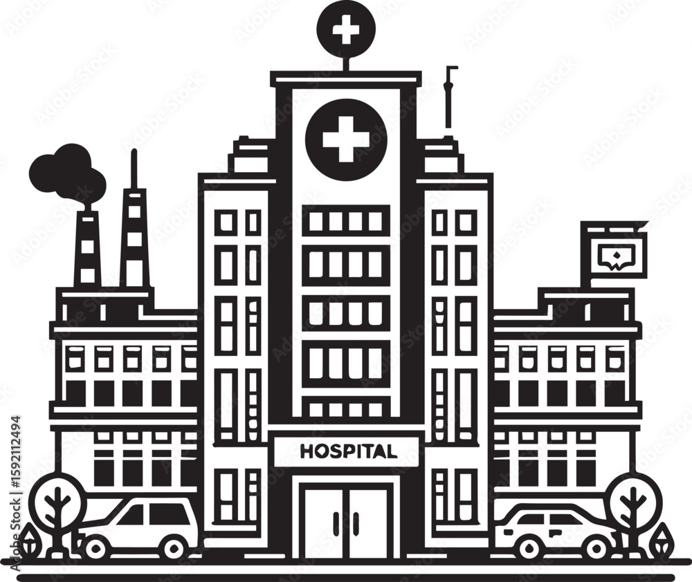 Obraz premium Modern Hospital Building with Ambulances and Trees Vector Illustration