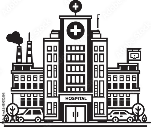 Modern Hospital Building with Ambulances and Trees Vector Illustration