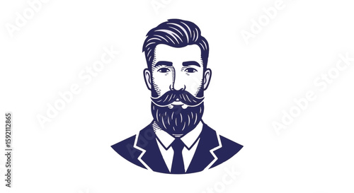 Beard and mustache of stylish man wearing formal suit on transparent background. This sophisticated beard and mustache art portrays a debonair look, perfect for branding.