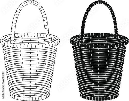 Two Wicker Baskets One Black and One White on a White Background