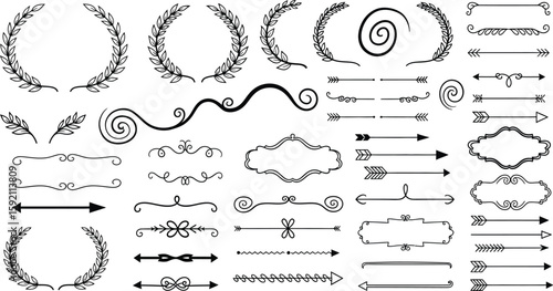 Collection of decorative elements, including wreaths, arrows, swirls, and frames for design projects.