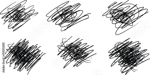 Six abstract scribble elements showcase chaotic lines and artistic expression for creative projects and design.