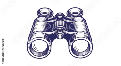 Detailed drawing of Binoculars with retro optics equipment. Vintage Binoculars illustration with engraving and optical glass lens. Use this Binoculars image for educational materials,