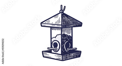 Simple bird feeder illustration against transparent background. Bird feeder hanging is a decorative element to attract wildlife. Conceptual art, bird feeder art useful for logos and social media.