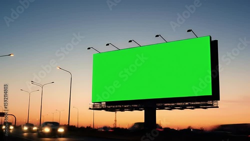 Large Green Screen Billboard Template by Highway at Dusk, Ready for Advertising Content Insertion, Outdoor Marketing Display Mockup