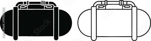 Black and white illustration of a horizontal tank with valve and handle