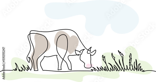 Cow standing and eating grass. Continuous one line drawing