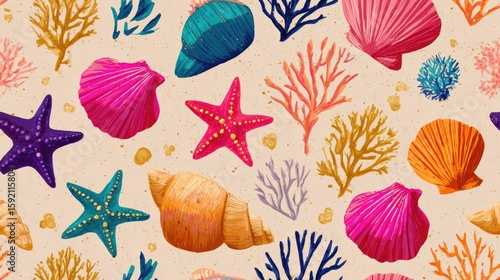 Wallpaper Mural Colorful seashells, starfish, and coral on beige sand Torontodigital.ca
