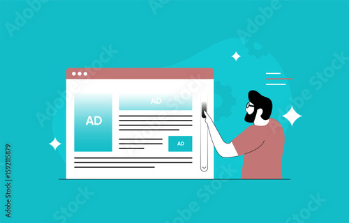 Scroll triggered popup ad with behavior triggered advertising. Scroll engagement tools with triggered popup ads interaction. Dynamic banners and smart ad system vector illustration