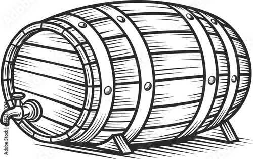 Wooden Barrel Vintage Line Art with Spigot – Hand Drawn Illustration