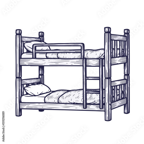 Illustrated bunk bed with pillows and blanket on transparent background. Simple bunk bed illustration shows children's room furniture for sleeping and resting.