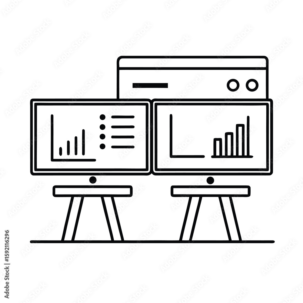 Fototapeta premium Modern Workspace Flat Vector Illustration with Dual Monitors and Minimalist Design