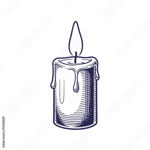 Burning candle drawing features dripping wax on white. Classic burning candle illustrates light source in darkness. Symbol burning candle for spiritual themes.