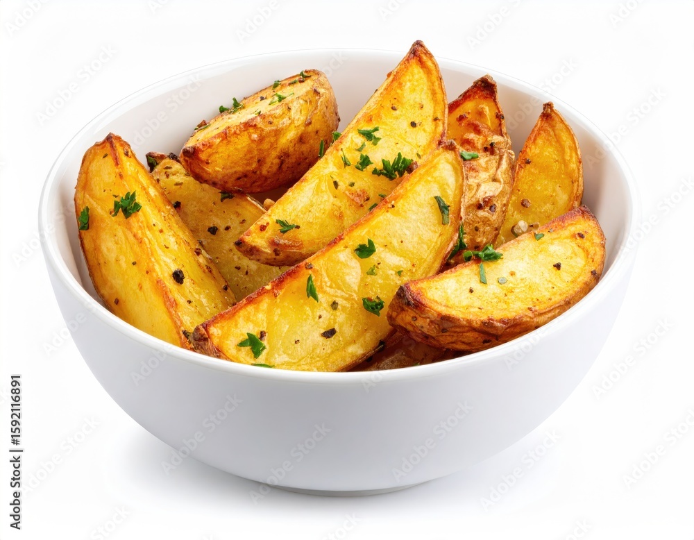 Crispy potato wedges in white bowl Crispy potato wedges in white bowl