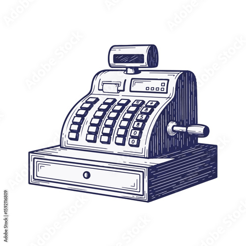Depicting cash register in vintage style, old fashioned cashier machine with buttons and handle. Cash register sketch with detailed line work,