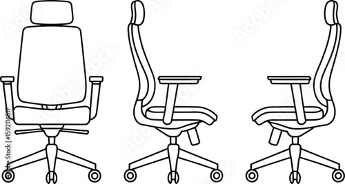 Office Chair Line Art Ergonomic Design in Multiple Views for Presentations