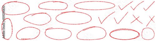 Hand-drawn doodle grunge circle for highlights, scribble ovals and bubbles to circle and highlight text, Round scrawl frames. Red round rough thin frames. Vector elements for hand drawn diagrams.