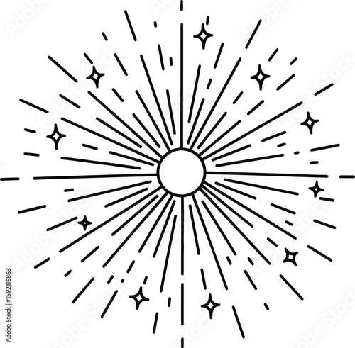 Celestial burst design featuring a sun symbol with radiating lines and stars, perfect for cosmic themes and spiritual designs.