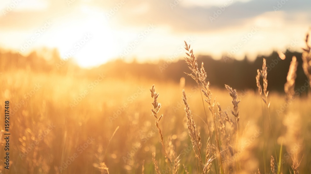 Fototapeta premium Golden Hour Meadow: Capturing the serene beauty of a sun-kissed meadow. Blades of grass dance in the warm light, invoking feelings of peace and serenity. A timeless scene of natural beauty.