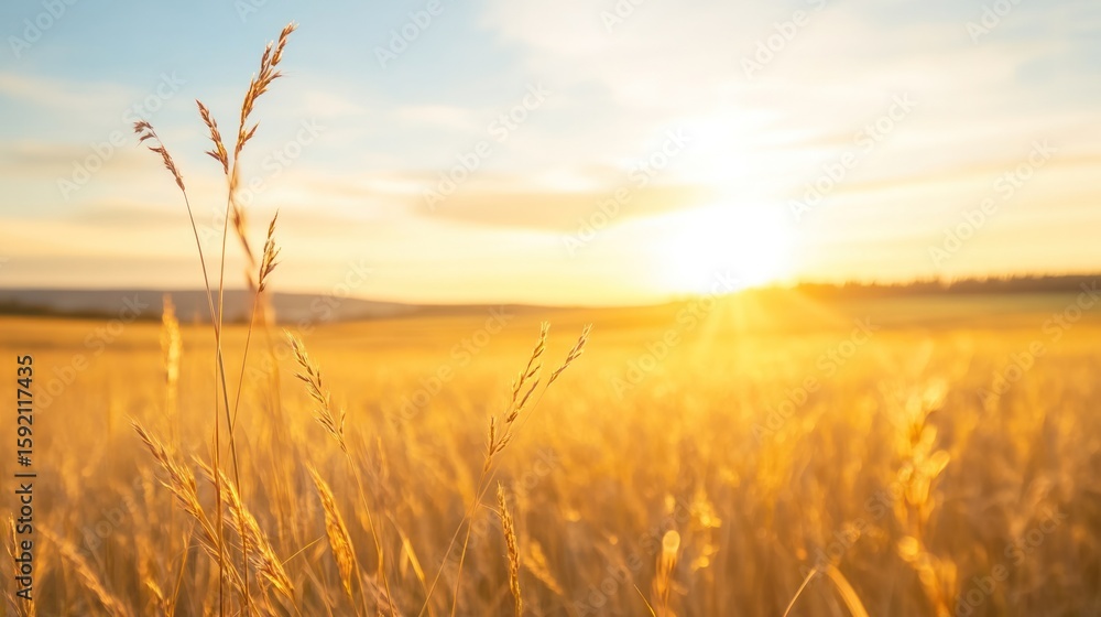 Fototapeta premium Golden Wheat Field at Sunset: Witness the breathtaking beauty of a golden wheat field bathed in the warm glow of a sunset, creating a serene and picturesque landscape