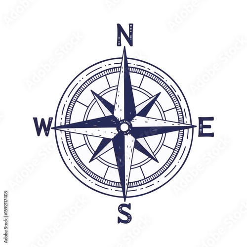 Compass rose nautical guide direction in sketched lines. Detailed compass rose symbolizes travel and exploration, navigating unknown paths and open seas.