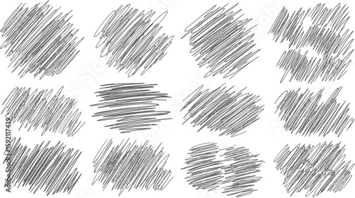 Twelve abstract scribble textures showcase chaotic lines, perfect for adding a hand-drawn feel to graphic designs.