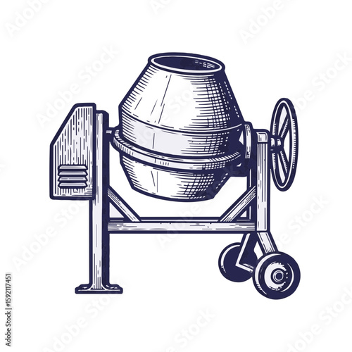 Concrete mixer in detailed sketch style, presenting a construction tool. Concrete mixer illustration depicts equipment used for building tasks and engineering applications.