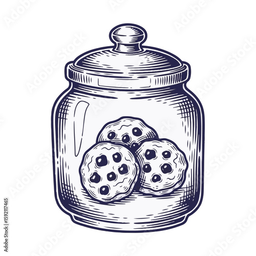 Cookie jar illustration featuring homemade biscuits within jar. This cookie jar illustration shows filled container, offering delightful treat, presented in detailed, sketched style.