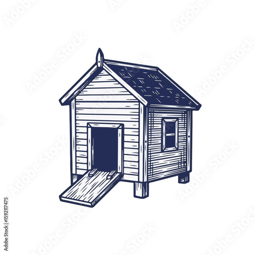 Farm animal coop in minimalist design, with a detailed, charming coop illustrated in line art. Farm animal coop, expertly drawn with rustic wood textures, showcases craftsmanship.