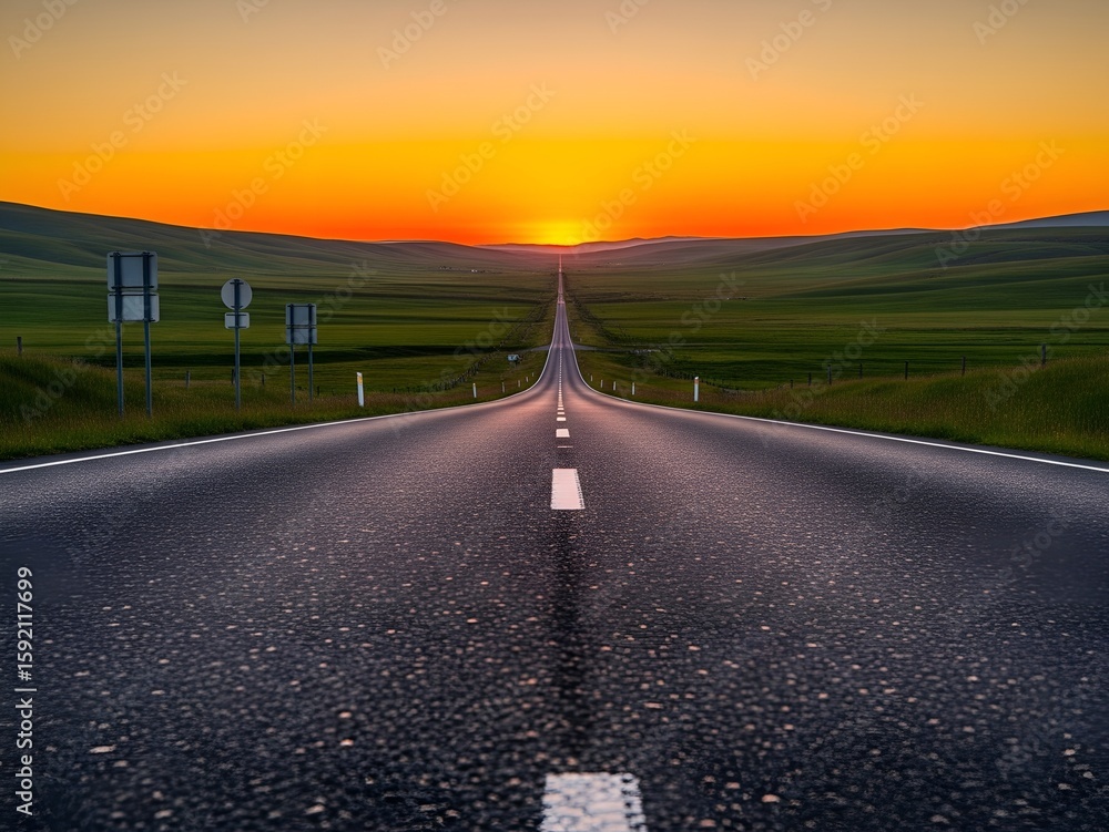 Fototapeta premium A long, open road stretches towards a vibrant sunset over rolling green hills, symbolizing journey and endless possibilities.
