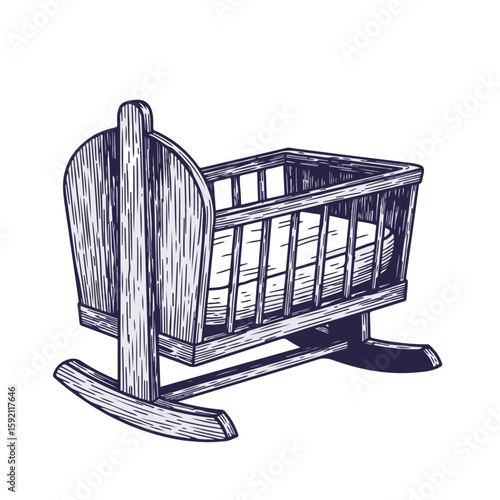 Isolated sketch of a wooden cradle, hand drawn baby cradle on white. Vintage cradle shows traditional design and craftmanship. Hand drawn cradle for nurseries or design projects.