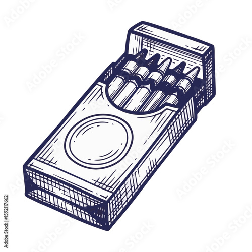 Crayon box illustration featuring an open container filled with drawing crayons in artistic sketch style. This crayon box is isolated on transparent background,