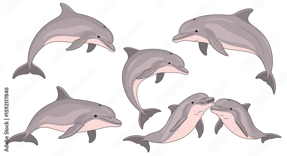 Naklejka premium Cartoon illustration of six Amazon River dolphins swimming together 