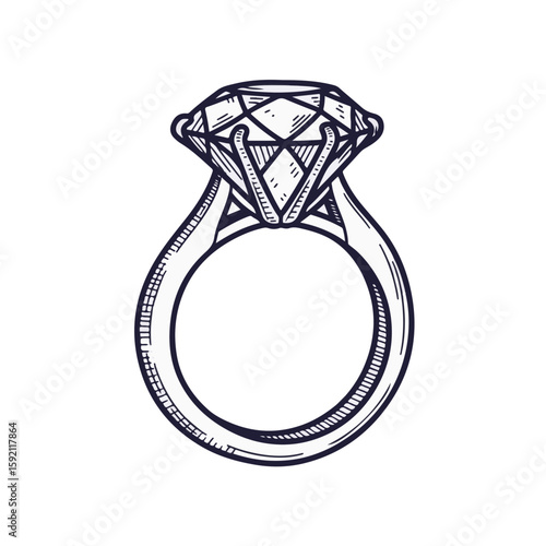 Exquisite diamond ring drawing with shining gemstone on transparent background. This diamond ring illustration features detailed metalwork and a classic solitaire setting,