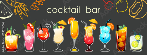 Background with alcoholic cocktails in a bar. Banner with tropical cocktails gin tonic, paloma, mimosa, pina colada. Vector illustration.