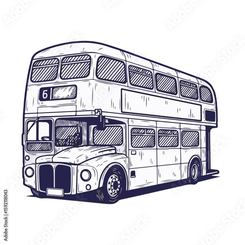 Double decker bus illustration, a vintage travel icon with sketch-style rendering. Double decker bus graphic evokes London travel and tourism.