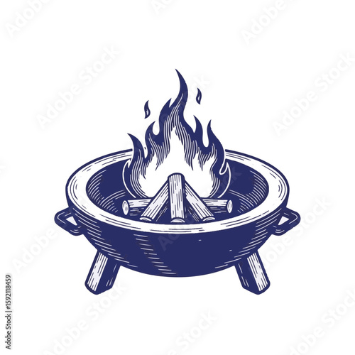 Artistic fire pit illustration showing burning logs in metal container. Fire pit graphic presented with blue textured lines in outdoor style, perfect for camping invitations.