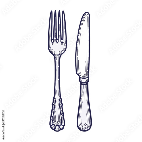 Isolated fork and knife illustration on transparent background. Elegant fork and knife design for dining, cooking, or restaurant themes. Conceptual fork and knife elements,