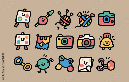 Cheerful Colorful Cartoon Icons:  Hobbies, Crafts, and Photography.