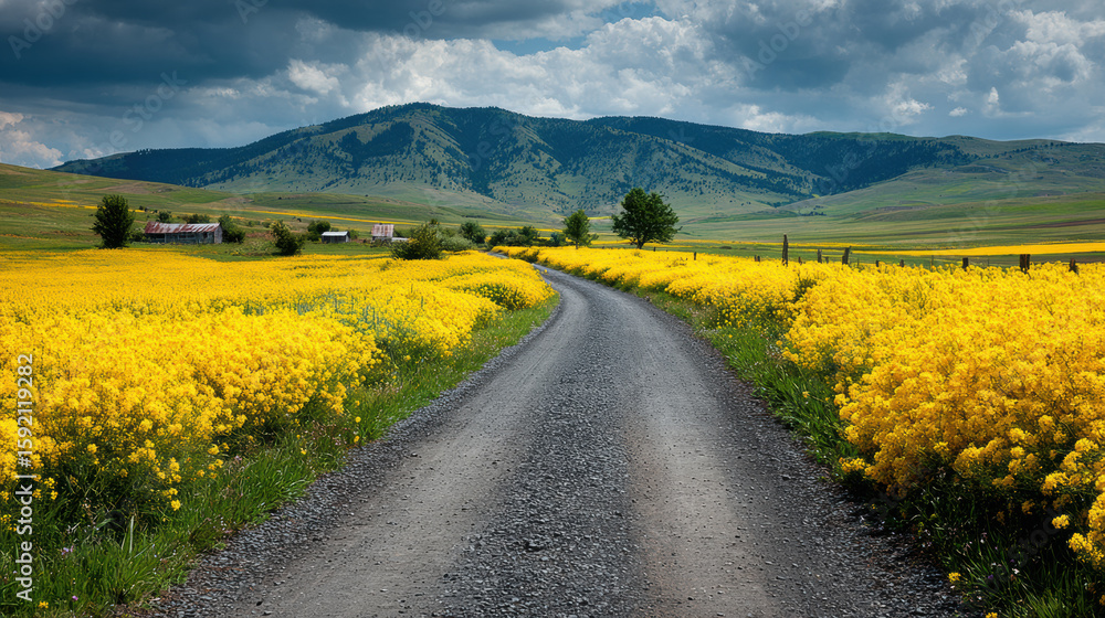 Naklejka premium Scenic Countryside Road Through Yellow Flower Fields