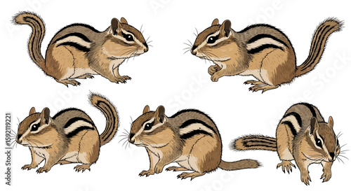 Eastern chipmunk illustrations in various poses and actions  