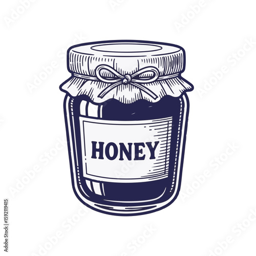 Engraved Honey jar, a sweet treat preserved in glass with a label. Honey jar with ribbon detail captures nature's golden nectar. Graphic Honey jar, ideal for branding, packaging,