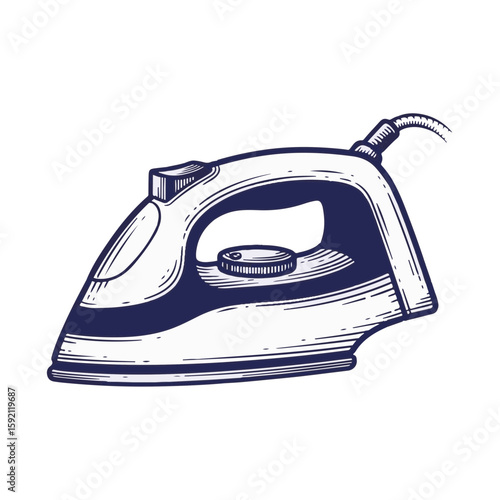 Iron image with white appliance and sketched dark blue details. Iron is useful appliance for garment care and domestic chores. Design concept iron for transparent background needs.