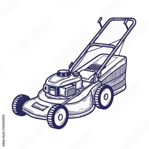 Lawn mower illustration isolated on transparent background. Lawn mower equipment for gardening is beautifully sketched, suitable for agricultural needs and lawn care, presented with crisp details,