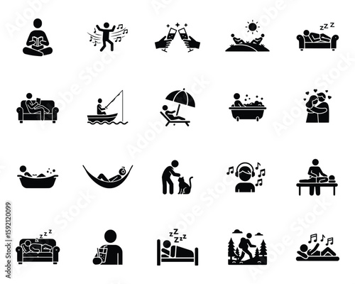 Relaxation Leisure Activities Rest, Hobbies, and Self-Care Icons.
