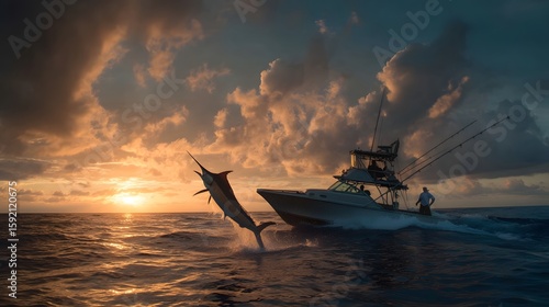 Fisherman on a sportfishing boat chasing a leaping marlin at sunset