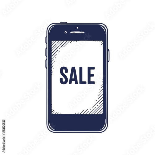 Mobile phone with sale icon displayed on screen for retail offers on transparent background. Mobile phone showing promotion icon for seasonal markdown is useful for ads.