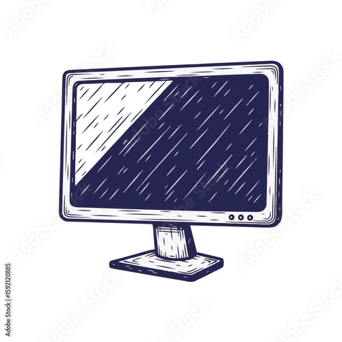 Monitor displayed on transparent background in hand drawn style, screen showing dark lines. Drawn monitor reflects modern technology.