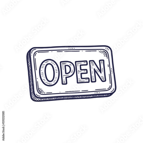 Hand-drawn open sign displays welcoming message, adding a vintage charm. This open sign announces shop's readiness to serve customers with inviting and classic design.