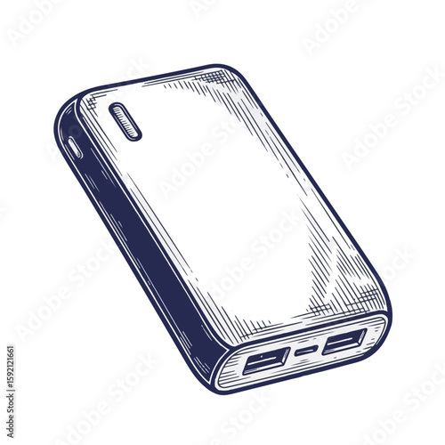 Portable power bank with two usb ports.  Power bank is perfect for travel and charging mobile devices. This sleek power bank design is ideal for product catalogs, website banners,